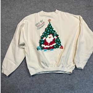 Maze Santa Christmas Tree Sweatshirt Large Cream Vintage Graphic Fleece